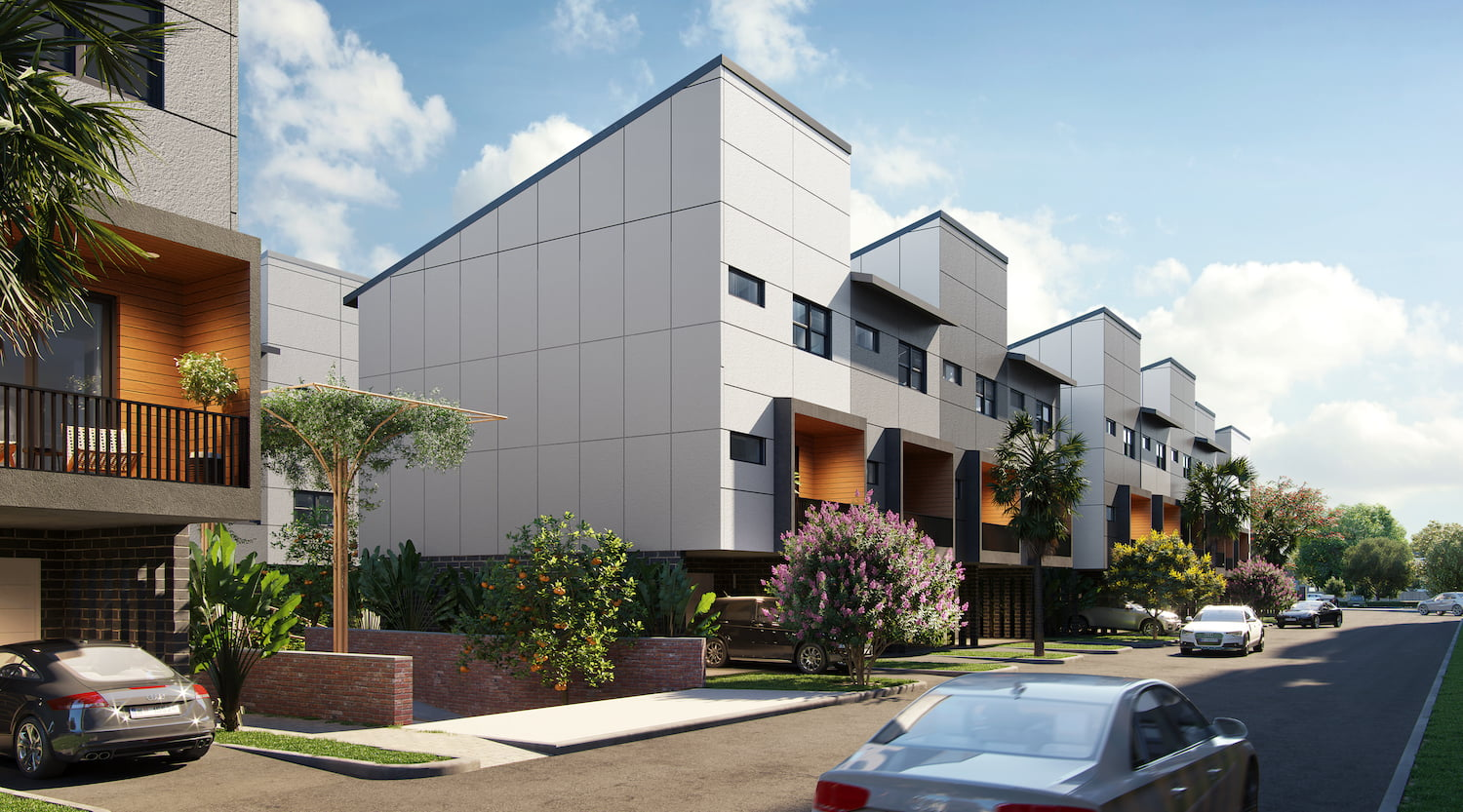 Visual rendering image of Mai Garden Terrace project in Houston with contemporary Vietnamese-style residential buildings