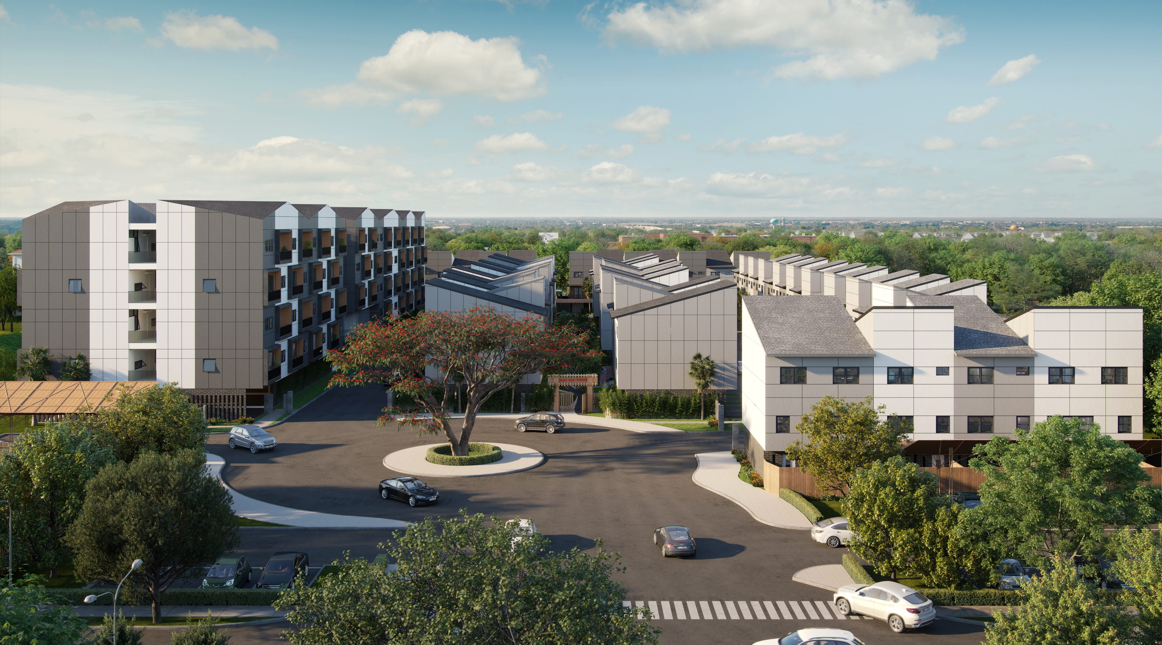 Overall 3D rendering of Mai Garden Terrace real estate project in Houston, Texas, featuring modern architecture inspired by Vietnamese culture